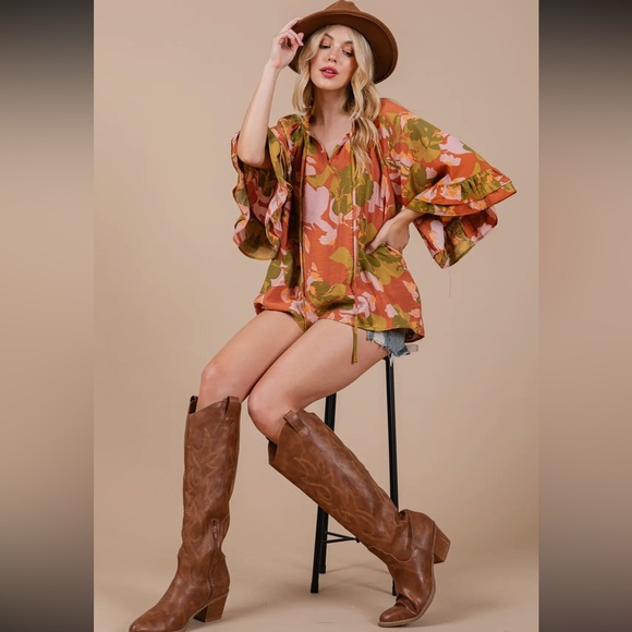 Boho Floral Print Split Mock Neck Blouse - Picture 2 of 5